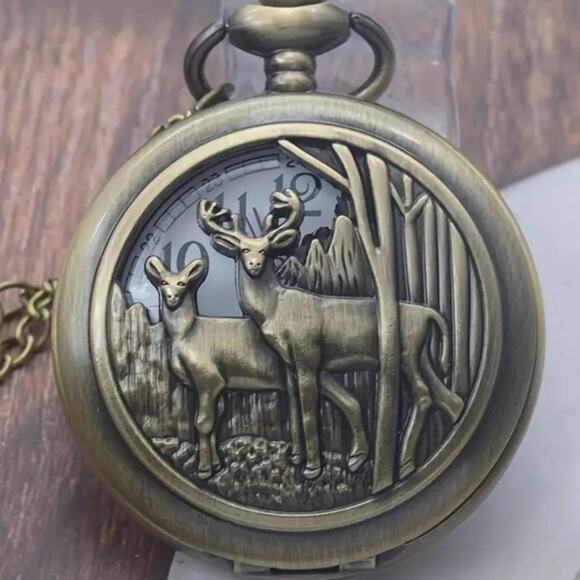 Deer Forrest Pocket Watch Hiking Camping Hunter Nature Scene Solid Bronze - NEW! - Picture 1 of 6